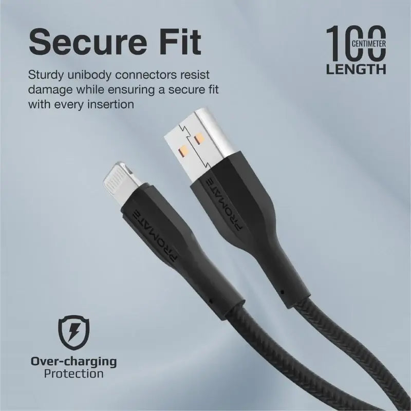 XCord-Ai Promate Lightning Charger with 480 Mbps Data Transfer, 10000 Bend Test and 100 cm Anti-Tangle Silicone Cord for iPhone 14, iPad