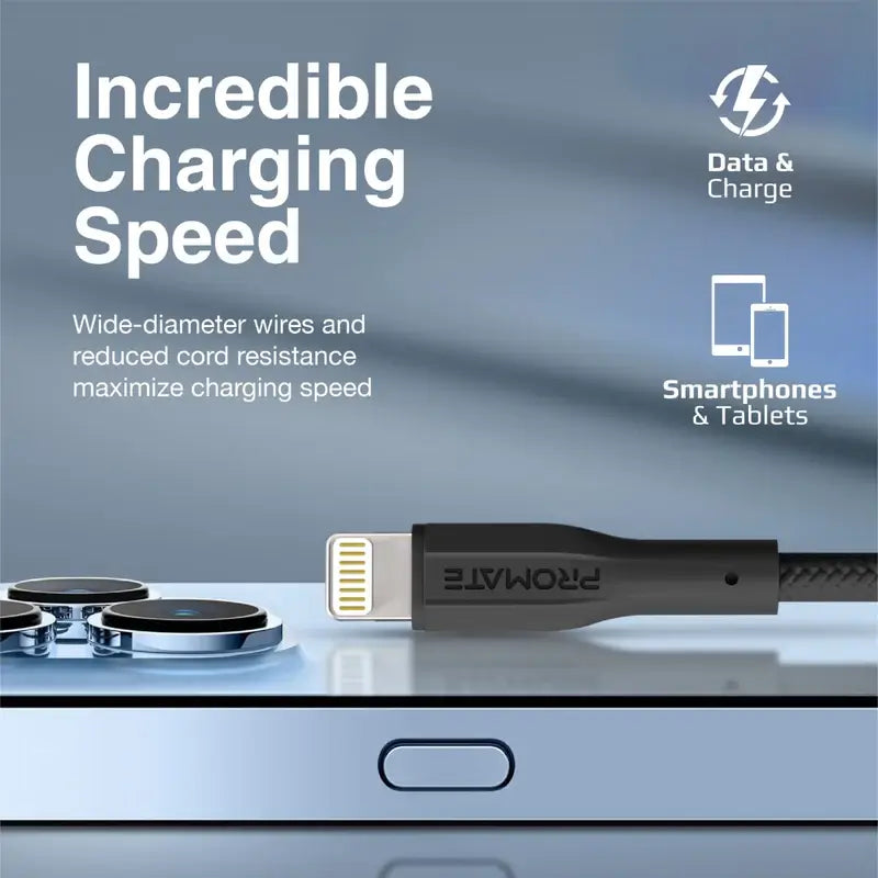 XCord-Ai Promate Lightning Charger with 480 Mbps Data Transfer, 10000 Bend Test and 100 cm Anti-Tangle Silicone Cord for iPhone 14, iPad
