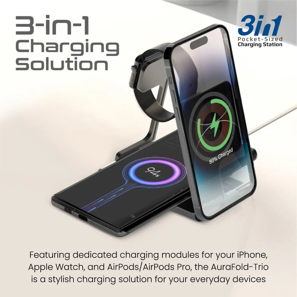Aurafold, 3 in 1 Wireless Charger, 23W Foldable Magnetic Magsafe Charger for iPhone 15/15 Plus/15 Pro/15 Pro Max, iPhone 14/14 Plus/14 Pro/Max, 13/12/11, Apple Watch, Air Pods, Multicolor