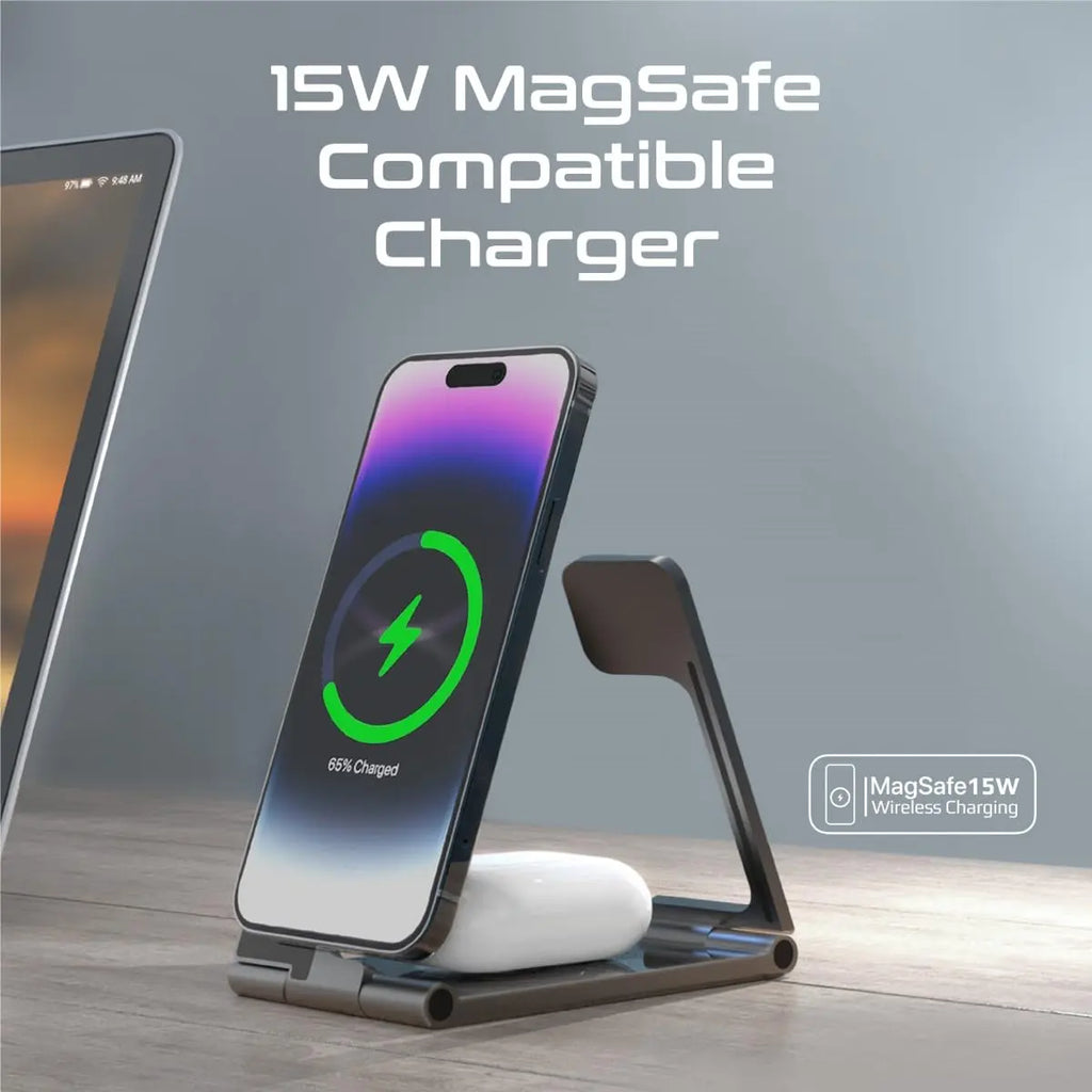 Aurafold, 3 in 1 Wireless Charger, 23W Foldable Magnetic Magsafe Charger for iPhone 15/15 Plus/15 Pro/15 Pro Max, iPhone 14/14 Plus/14 Pro/Max, 13/12/11, Apple Watch, Air Pods, Multicolor