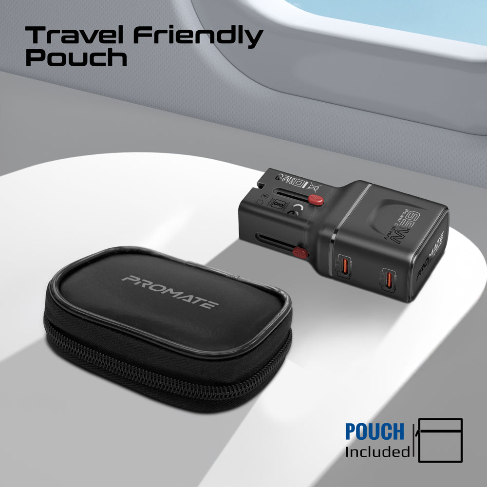 Promate TriPlug-65PD 65W GaNFast Travel Charger, Dual USB-C PD with PPS, Compact Multi-Port Adapter with 45W+20W Split Charging, Slide-Out US/UK/EU/AU Plugs, Universal Laptop & Smartphone Fast Charging