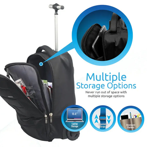 BizPak-TR Black Promate Premium Heavy Duty Trolley Bag for Laptops up to 15.6 Inches with Multiple Storage Options, High Volume Storage with Extendable Handle, Water-Resistant & Secure Zippers