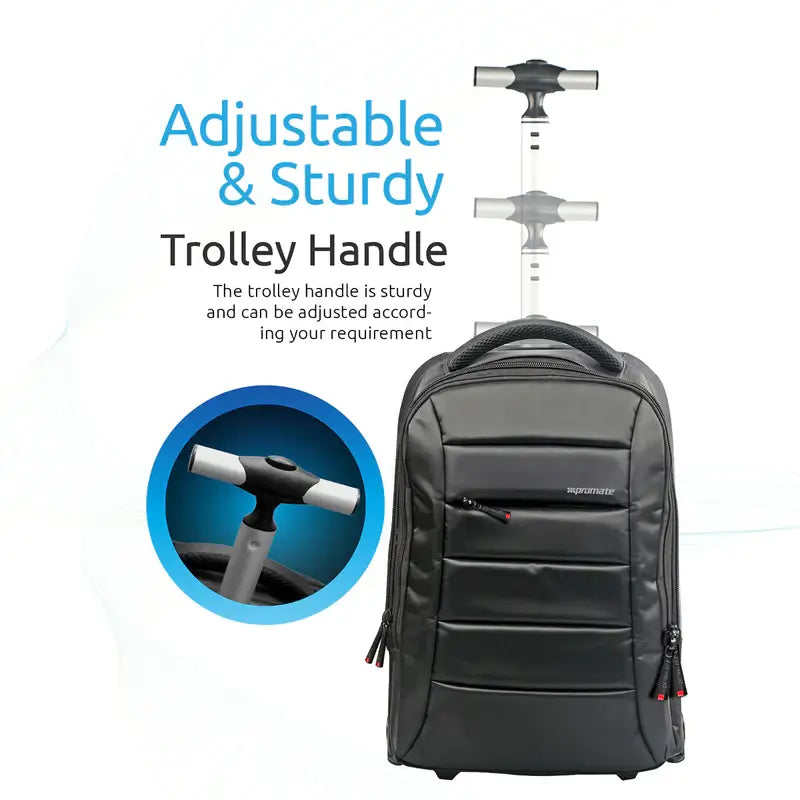 BizPak-TR Black Promate Premium Heavy Duty Trolley Bag for Laptops up to 15.6 Inches with Multiple Storage Options, High Volume Storage with Extendable Handle, Water-Resistant & Secure Zippers