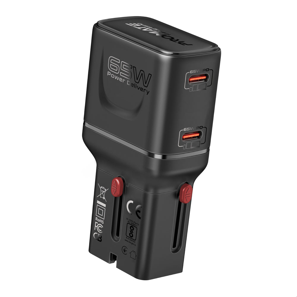 Promate TriPlug-65PD 65W GaNFast Travel Charger, Dual USB-C PD with PPS, Compact Multi-Port Adapter with 45W+20W Split Charging, Slide-Out US/UK/EU/AU Plugs, Universal Laptop & Smartphone Fast Charging