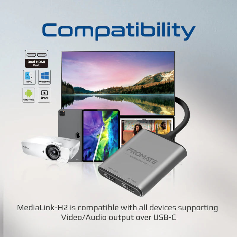 MediaLink-H2, USB-C to HDMI Adapter, Ultra HD 4k 60hz Type-C to HDMI Adapter Converter with Dual HDMI Ports, Compact Design for MacBook Pro, iPad Air, Samsung Galaxy S22