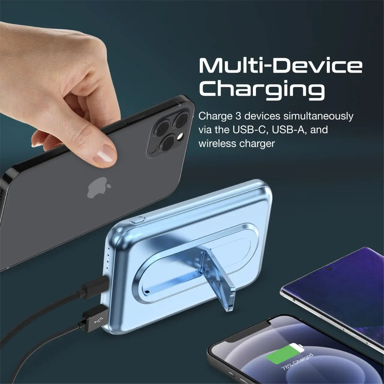 PowerMag-10Pro, Magnetic Wireless Power Bank, 10000mAh 15W Qi Wireless Mag-Safe, 20W USB-C Power Delivery Port, 18W QC 3.0 Port and Foldable Stand for iPhone 13, iPad Air