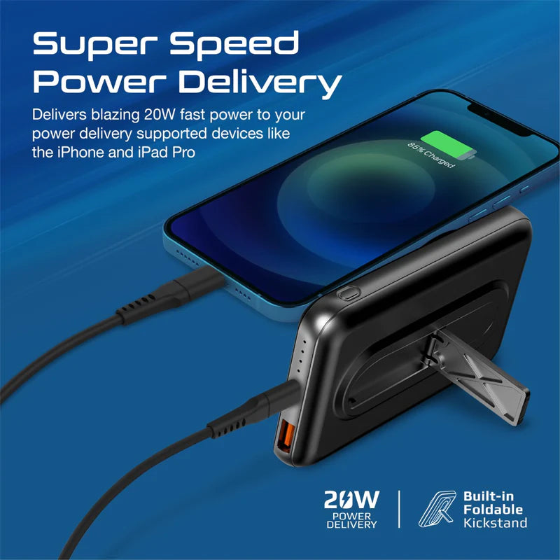PowerMag-10Pro, Magnetic Wireless Power Bank, 10000mAh 15W Qi Wireless Mag-Safe, 20W USB-C Power Delivery Port, 18W QC 3.0 Port and Foldable Stand for iPhone 13, iPad Air