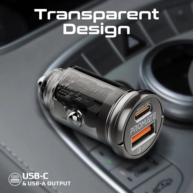 TransDrive-65W, Compact Car Adapter with USB Type-C Power Delivery Port, USB-A Port, Mini Handle and Heat Protection Compatible for iPhone 15, Galaxy 23