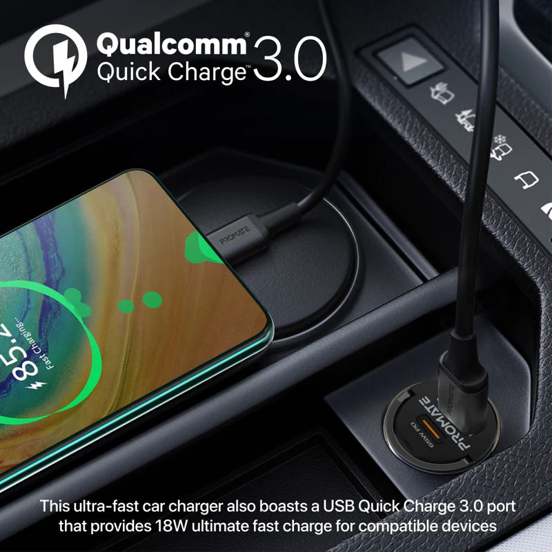 TransDrive-65W, Compact Car Adapter with USB Type-C Power Delivery Port, USB-A Port, Mini Handle and Heat Protection Compatible for iPhone 15, Galaxy 23